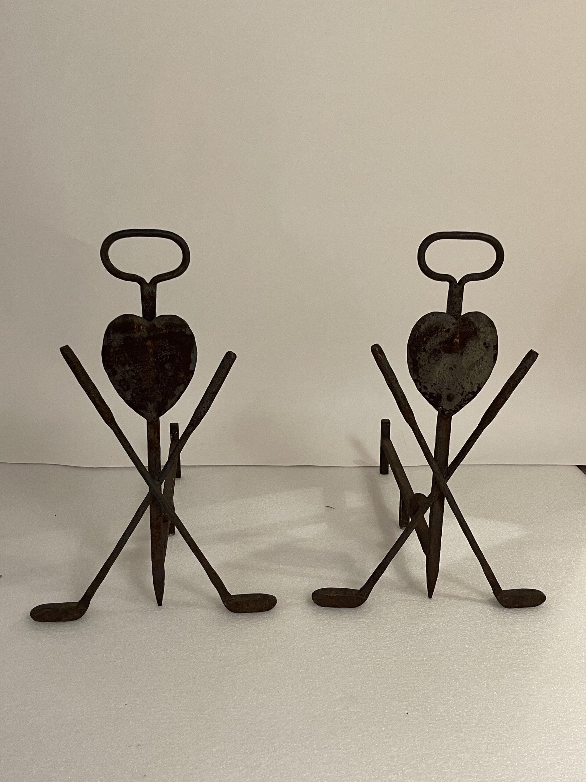 American Andirons In The Form Of Crossed Golf Clubs With Hearts